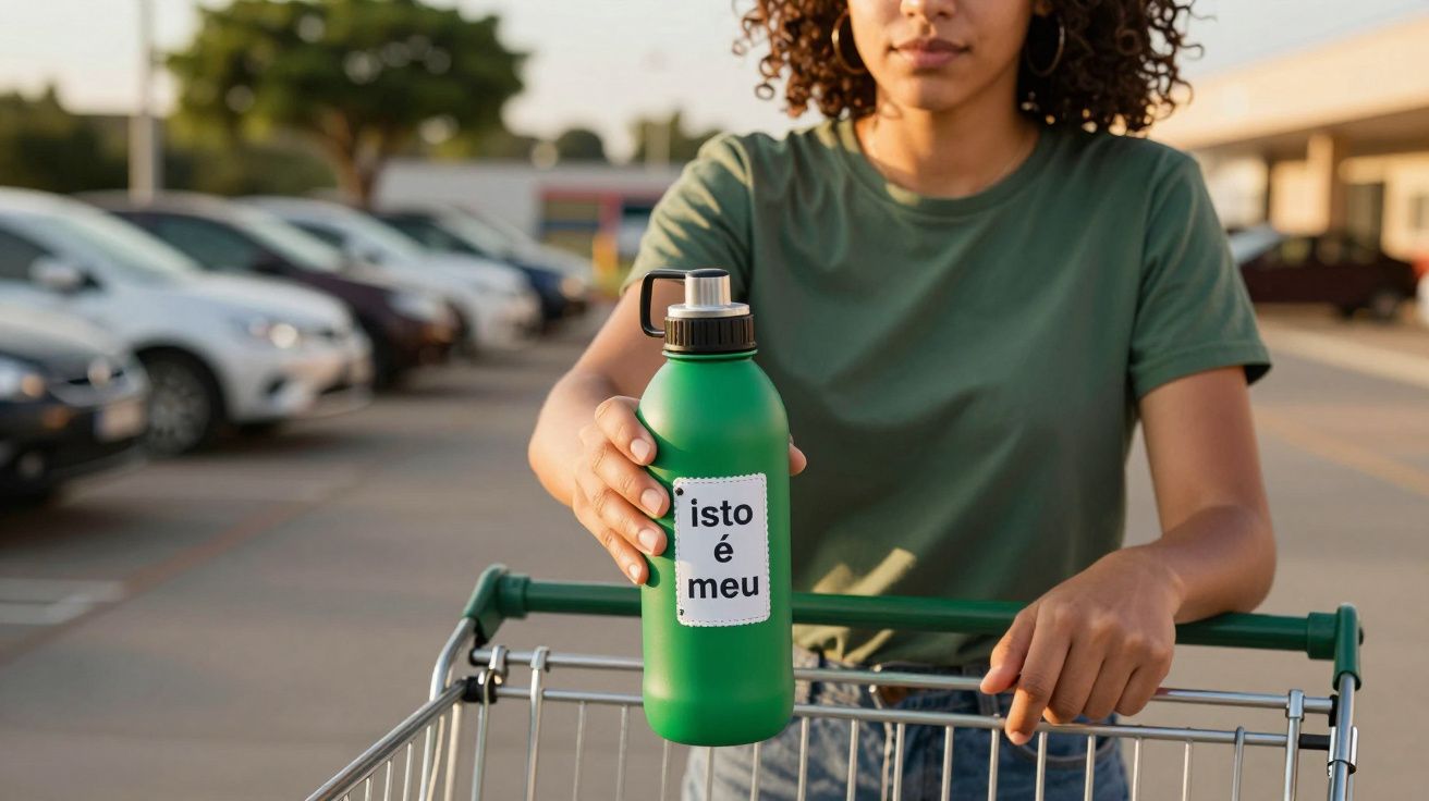 Mulher segurando garrafa verde com rótulo "isto é meu", em pé junto a um carrinho de compras.