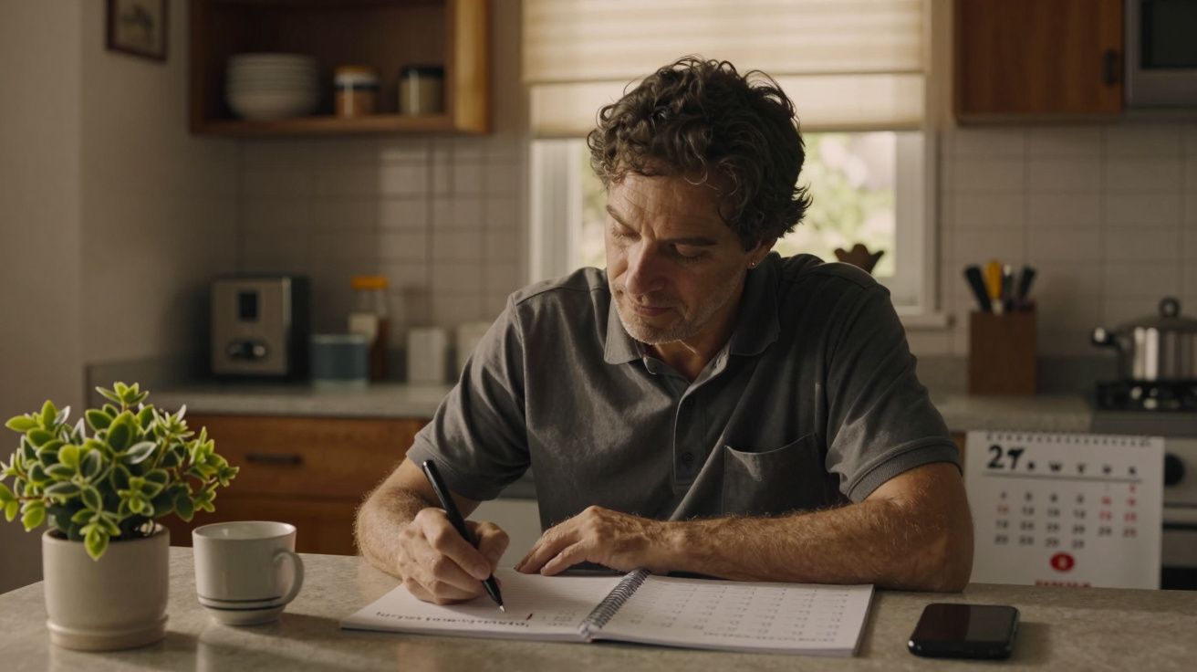 Homem sentado à mesa da cozinha escrevendo num calendário, com uma chávena e planta ao lado.