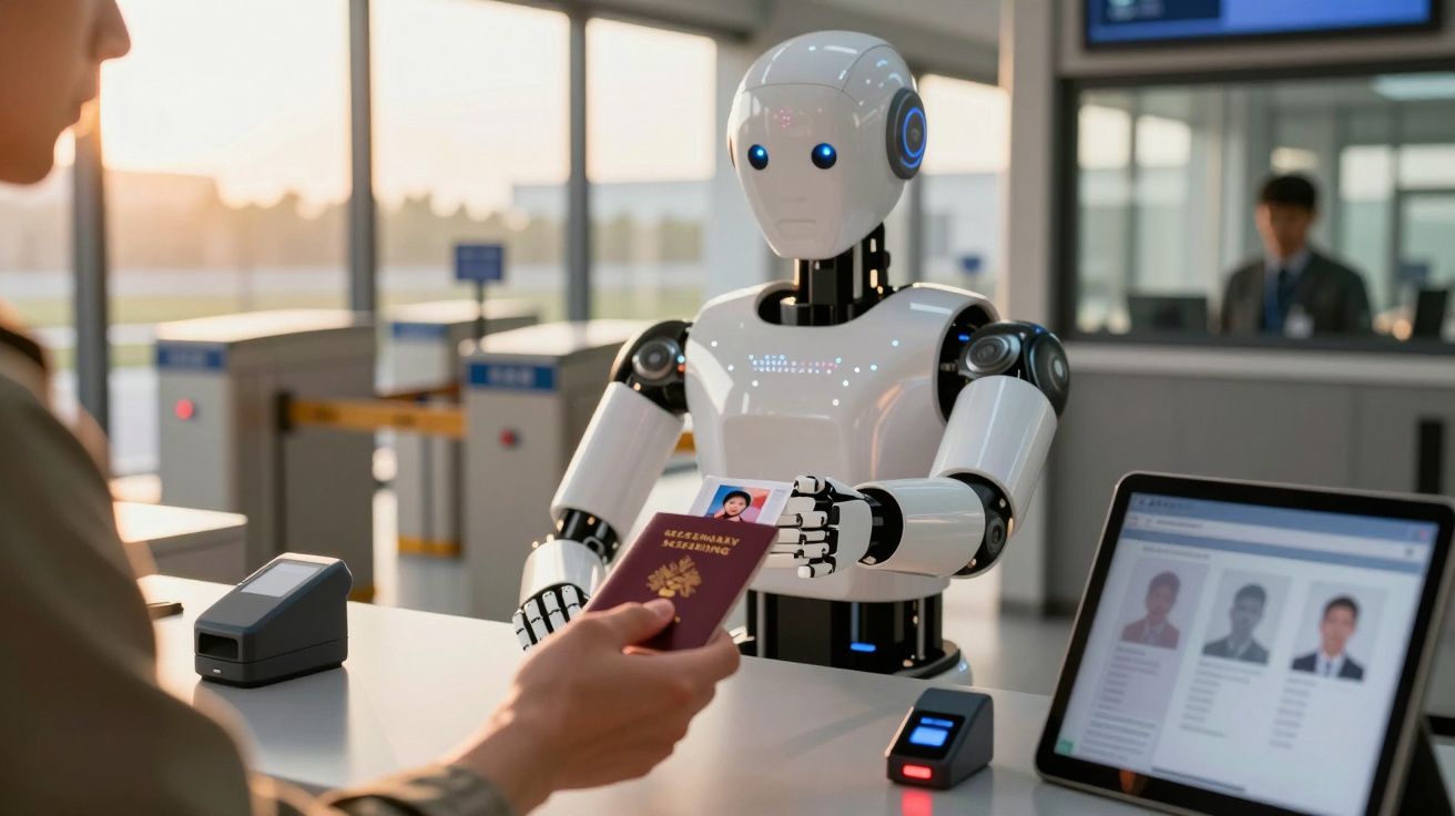 Robô verifica passaporte num balcão de controlo de fronteiras, com passaporte e tela de computador visíveis.