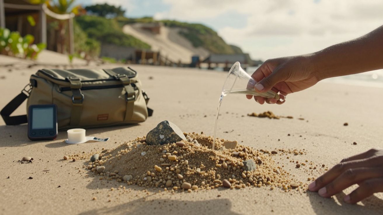 Mão despeja líquido sobre areia em praia, ao lado de uma bolsa e um dispositivo eletrônico.