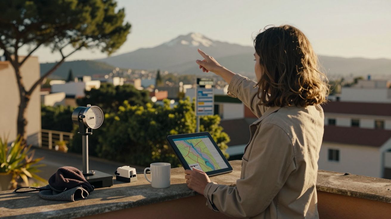 Mulher num terraço aponta para uma montanha, segurando tablet com mapa. Mesa com chávena, roupa e dispositivo ao lado.