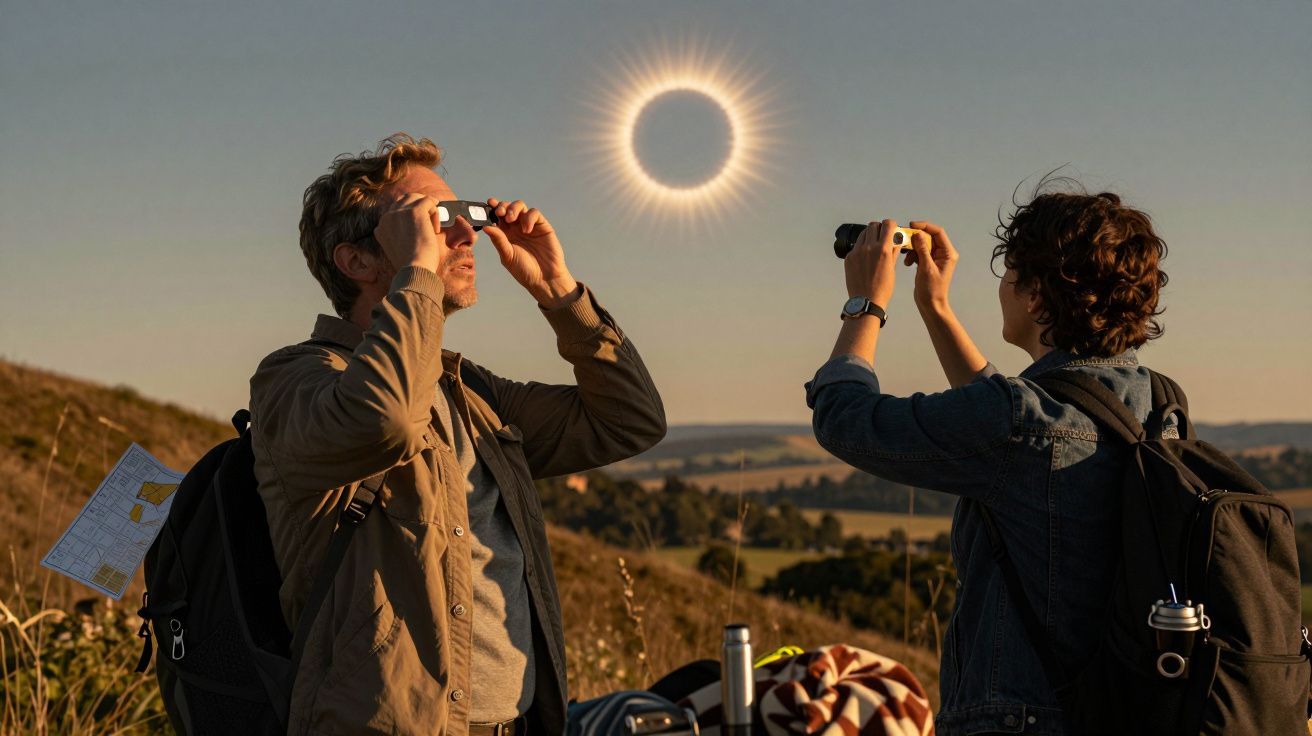 Duas pessoas observam um eclipse solar com óculos de proteção numa paisagem rural aberta.
