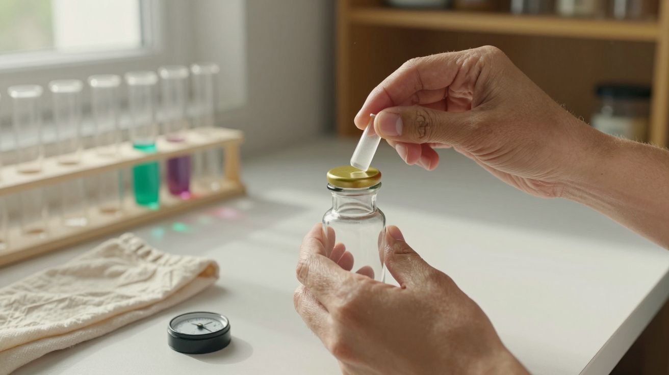 Mãos seguram um frasco pequeno com conta-gotas, num laboratório com tubos de ensaio ao fundo.