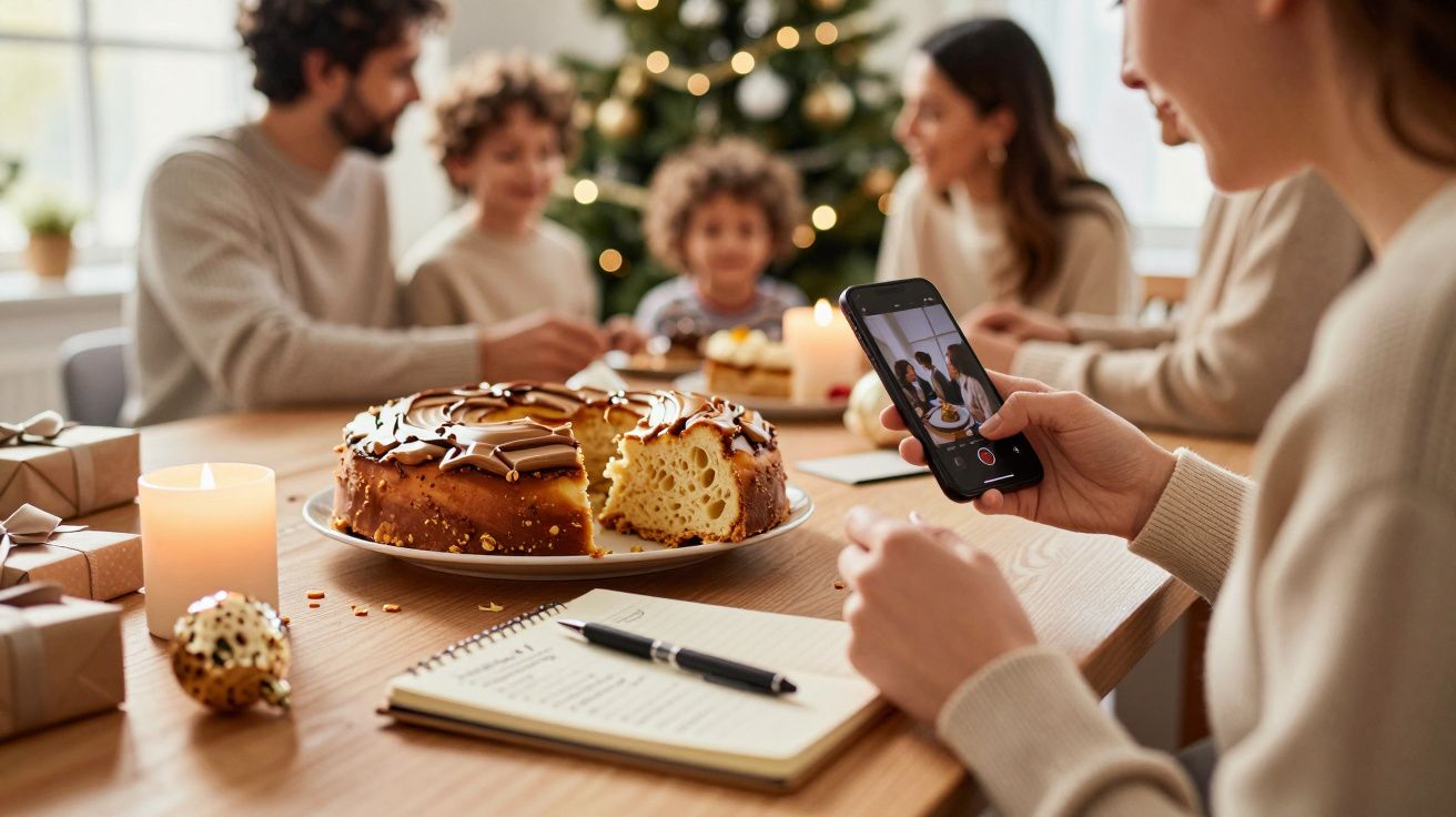 Família celebra Natal à mesa com bolo rei, presentes e árvore de Natal ao fundo. Pessoa tira foto com telemóvel.