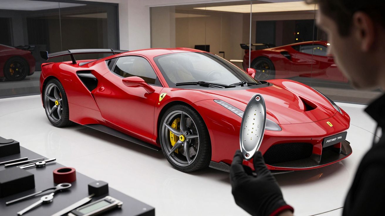 Homem com luvas examina detalhe de carro desportivo vermelho num showroom moderno, com ferramentas na mesa.