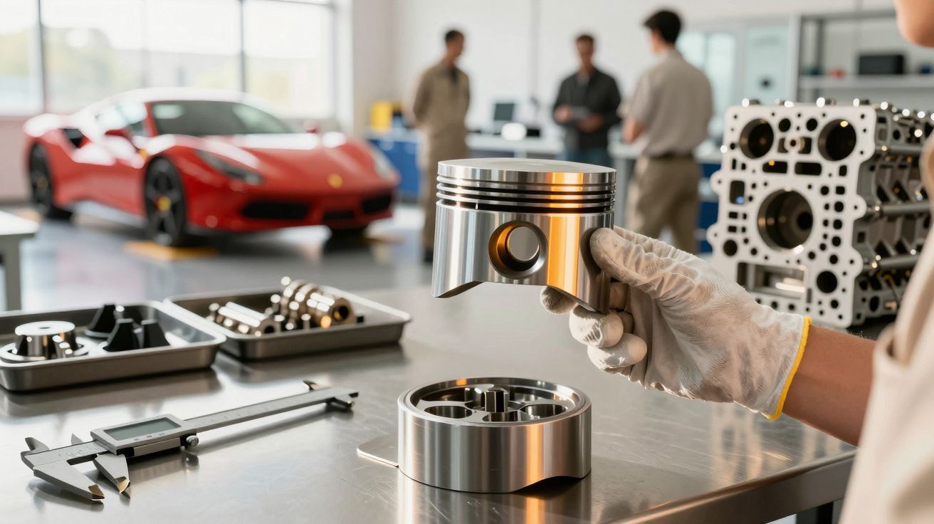 Mecânico segura pistão numa oficina com carro desportivo vermelho ao fundo.