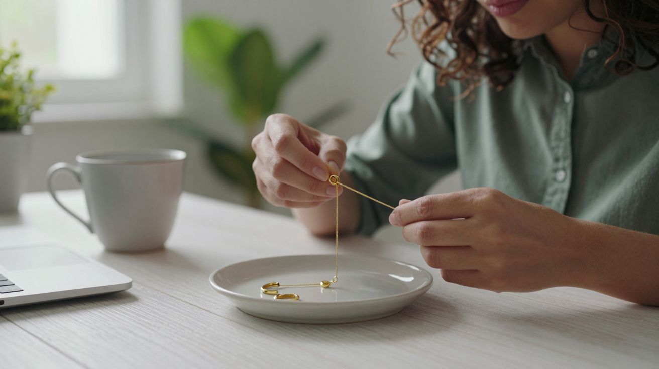 Mulher numa mesa segura colar dourado sobre prato branco, com chávena e portátil ao lado.
