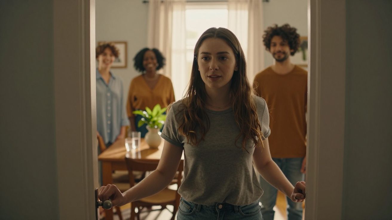 Mulher abre porta, encontra três pessoas sorridentes numa sala iluminada, com mesa ao fundo e planta decorativa.