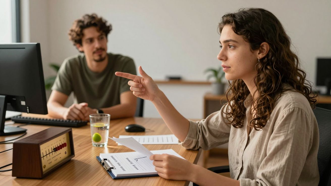 Mulher aponta durante reunião de trabalho, com homem ao fundo sentado à mesa com computador e documentos.