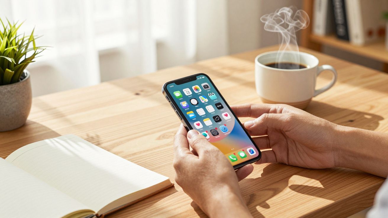 Pessoa segura um smartphone numa mesa de madeira com uma chávena de café fumegante ao lado.