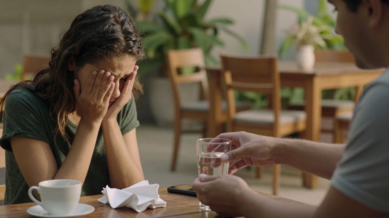 Mulher com as mãos no rosto numa mesa de café, enquanto alguém lhe oferece um copo de água.