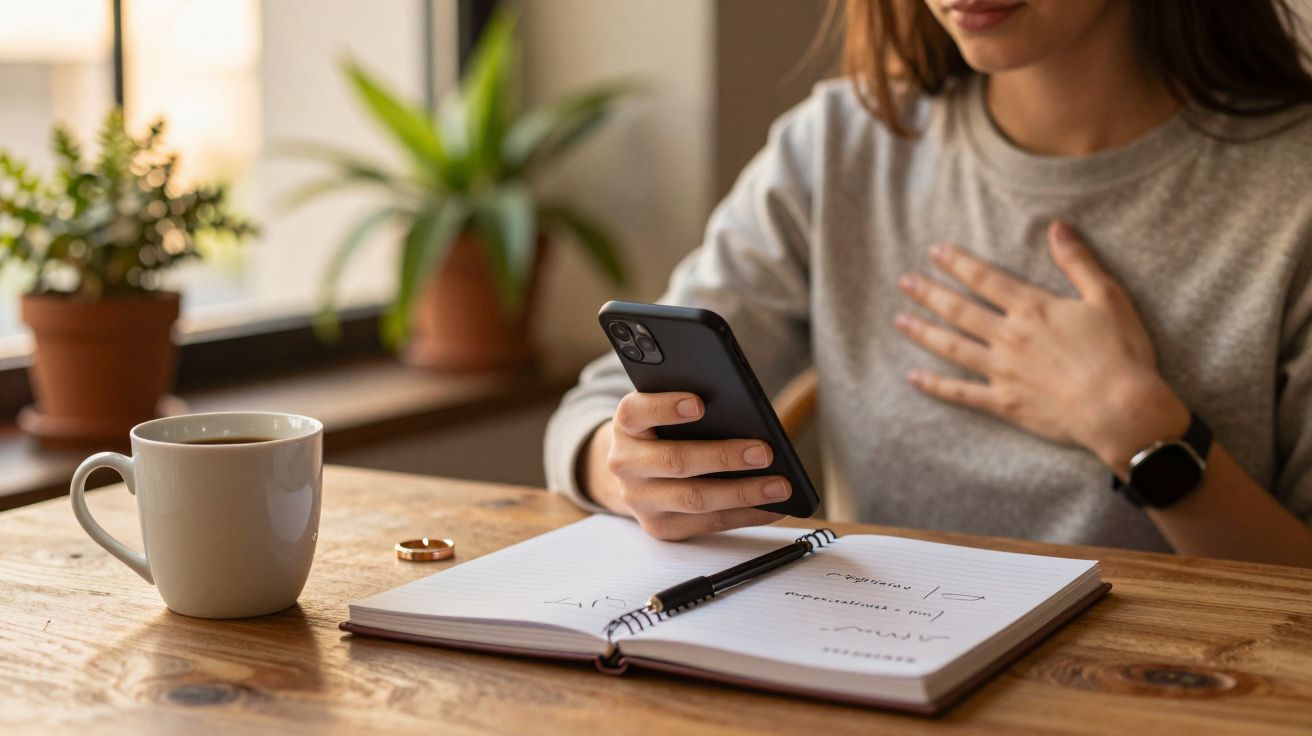 Mulher usando smartphone, com caderno aberto e chá na mesa, plantas ao fundo.