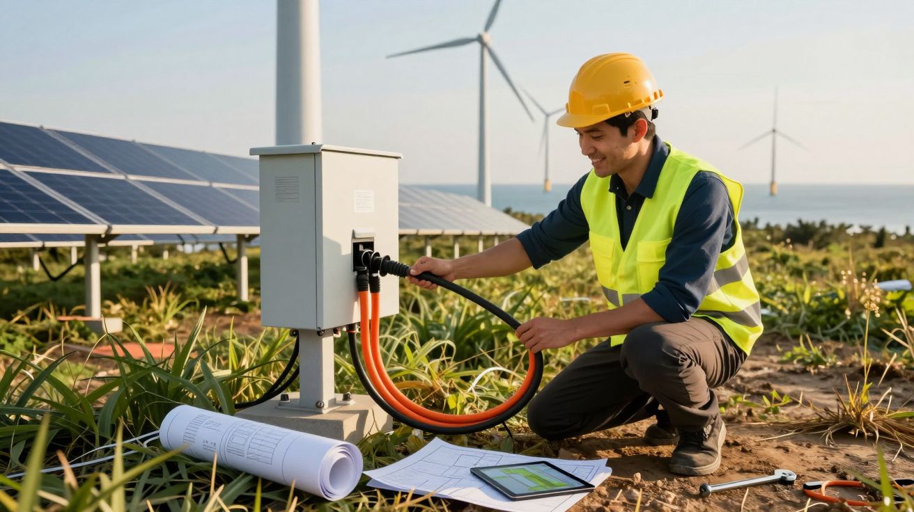 Técnico com colete refletor trabalha em painel solar, turbinas eólicas ao fundo.
