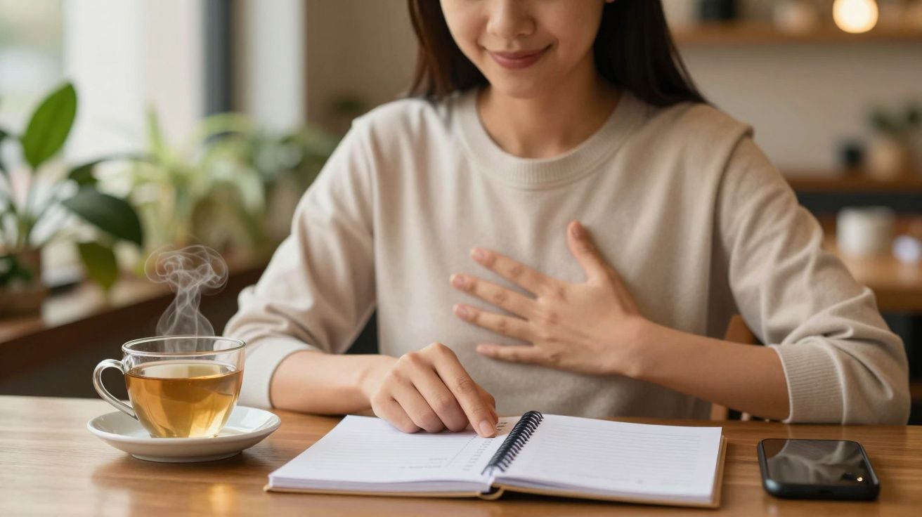 Mulher sorridente com mão no peito, lendo caderno ao lado de chá e smartphone numa mesa de madeira.