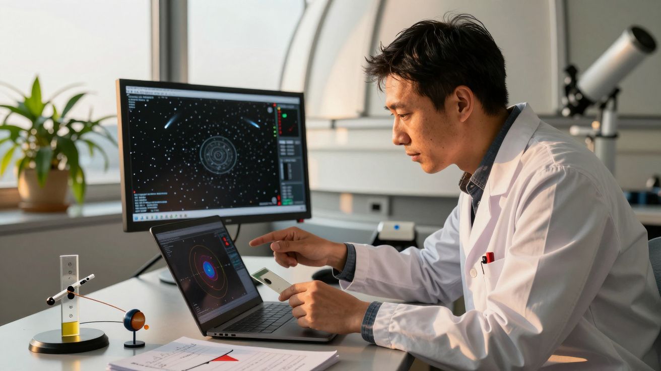 Cientista analisa dados astronómicos num portátil, com um monitor e maquete do sistema solar numa mesa.