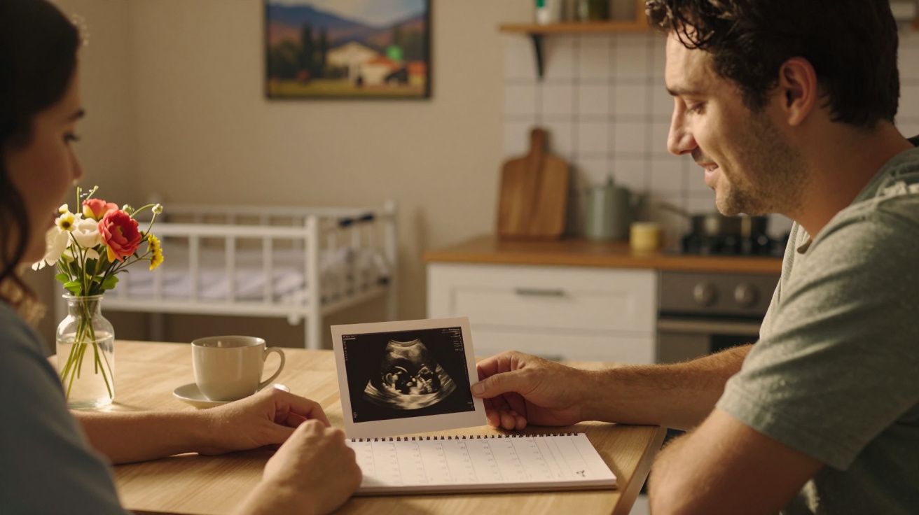 Casal sentado à mesa, olhando para uma ecografia num calendário, com berço ao fundo e flores sobre a mesa.