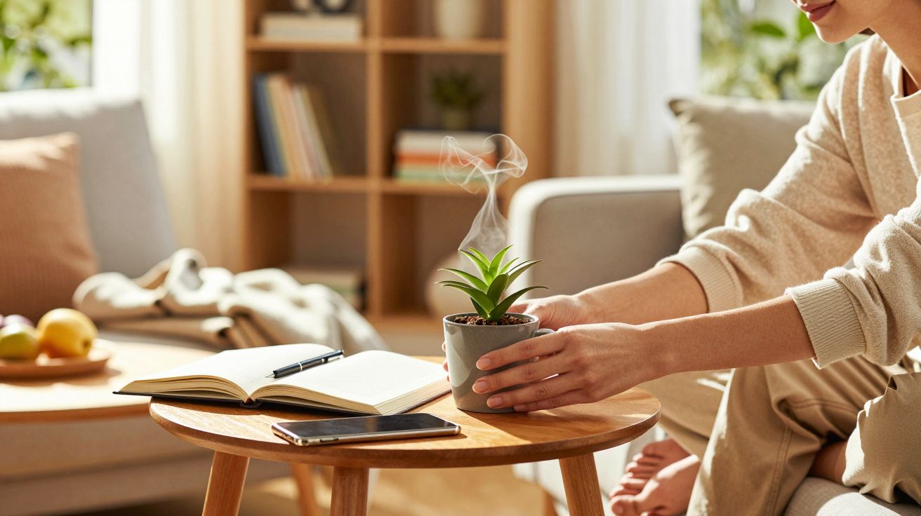 Pessoa coloca vaso com planta em mesa de madeira com livro aberto e smartphone, em sala iluminada.