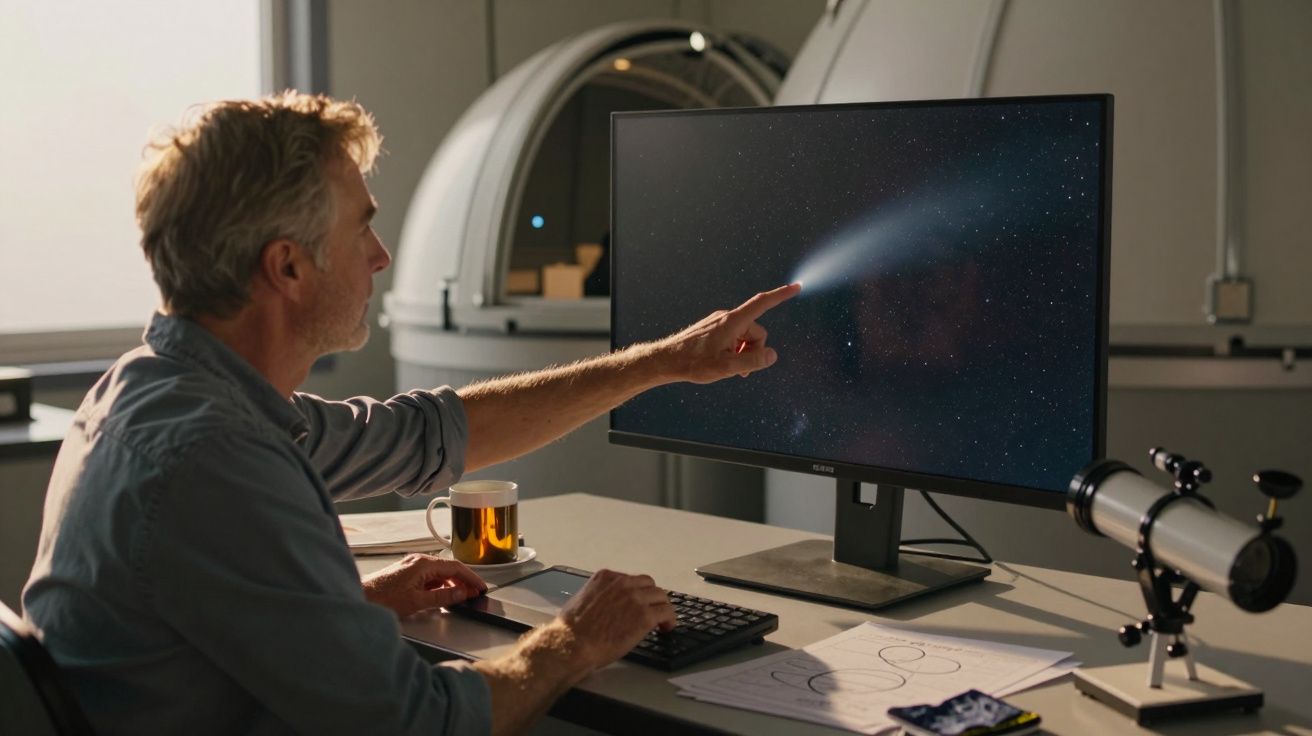 Homem observando um cometa no ecrã do computador, com telescópio e chá na mesa.