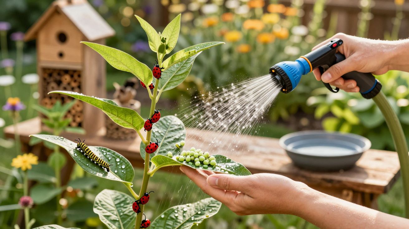 Mão a regar planta com joaninhas e lagarta num jardim florido.