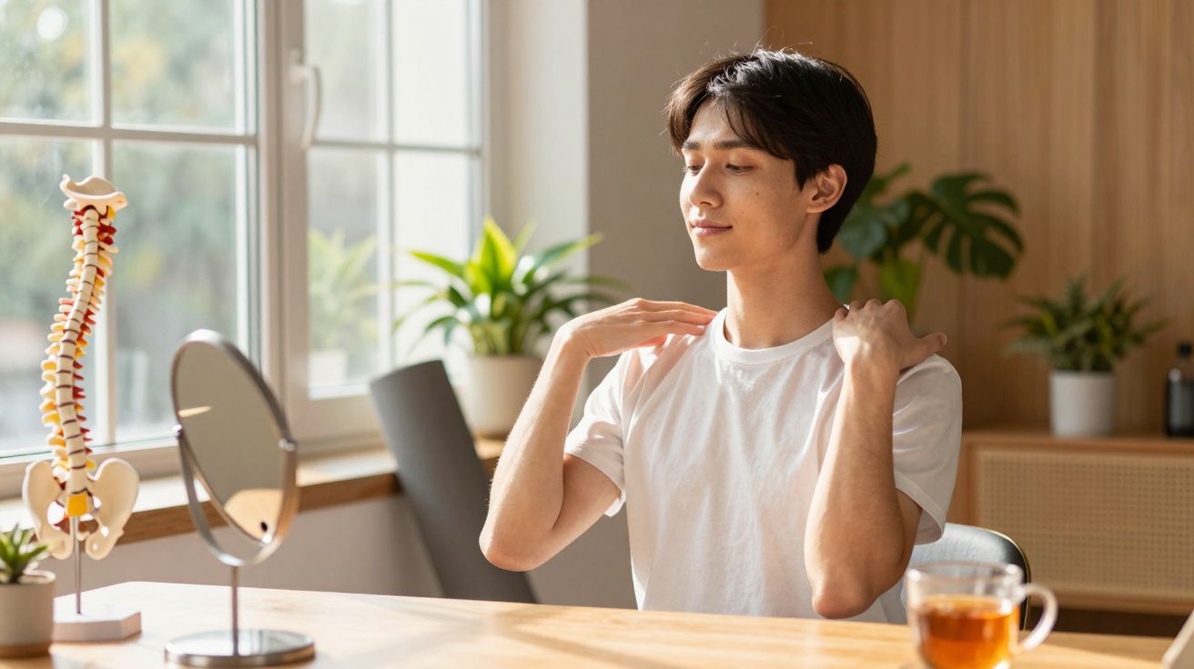 Jovem fazendo exercício de alongamento no escritório, com esqueleto humano em miniatura e chá na mesa.