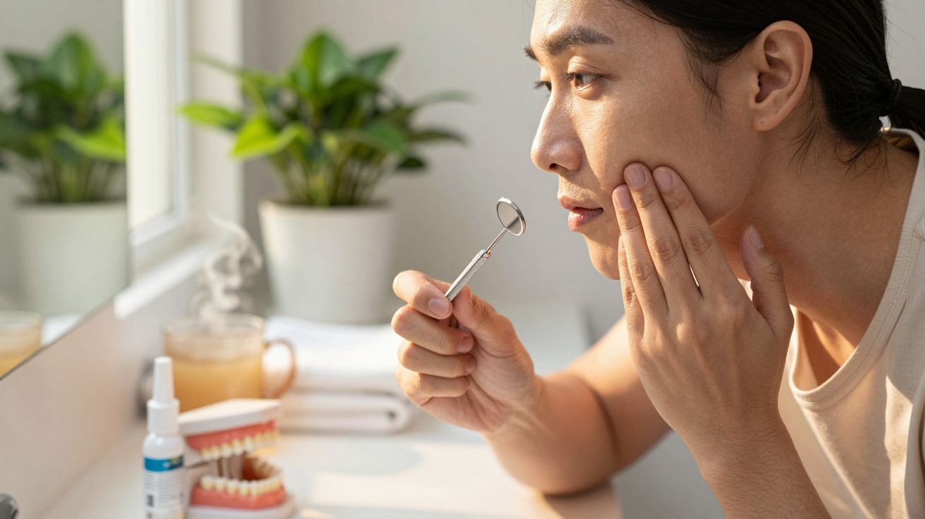 Pessoa examina pele do rosto com espelho pequeno ao lado de objetos de higiene e plantas sobre bancada.