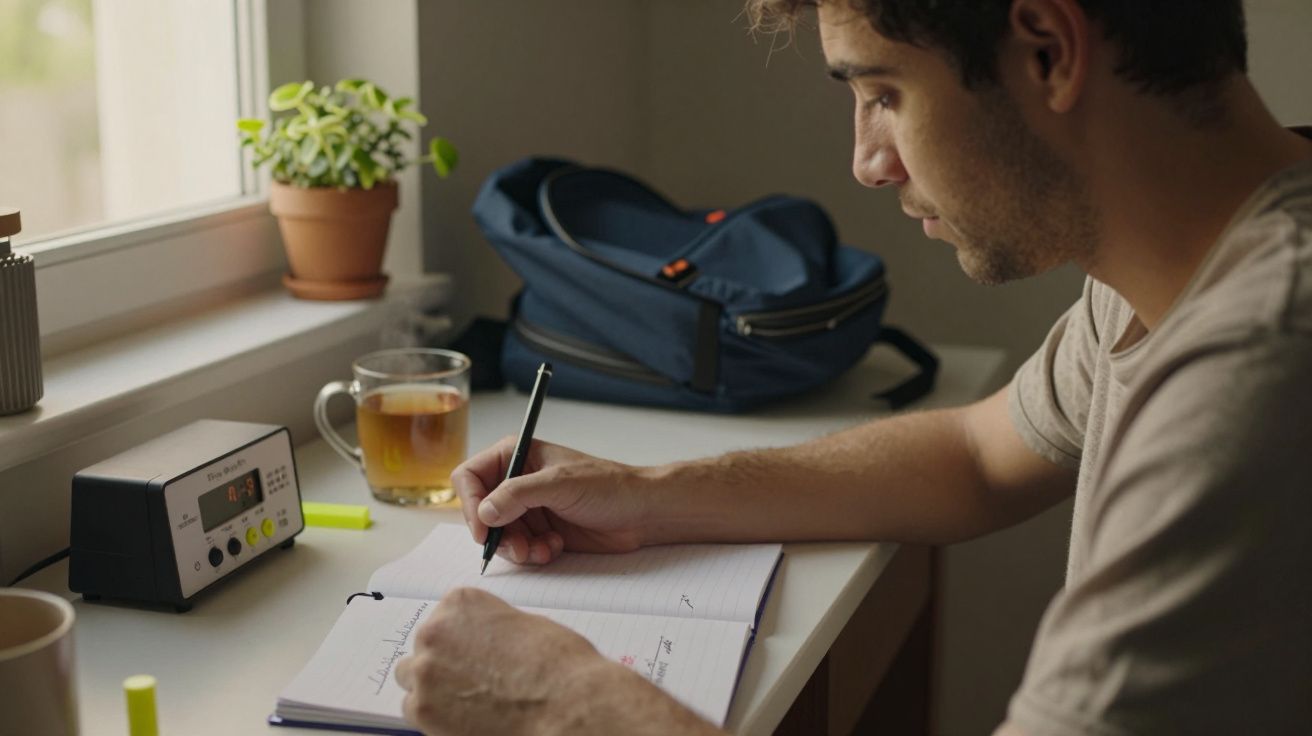 Homem escrevendo num caderno numa secretária com chá, despertador e mochila ao lado.