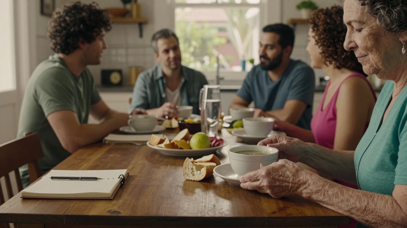 Grupo de pessoas a tomar café à volta de uma mesa de madeira com comida e bebidas numa cozinha iluminada.