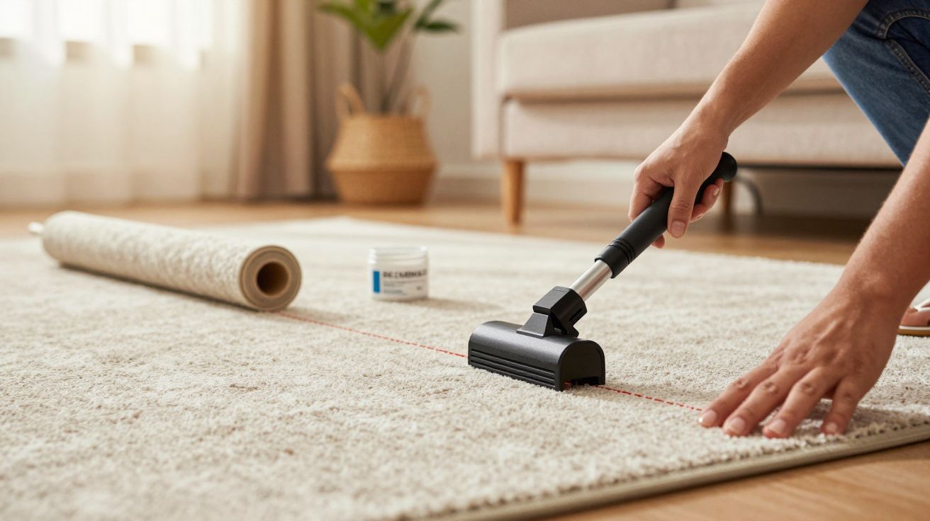 Pessoa ajusta um tapete cinzento claro com uma ferramenta de fixação numa sala bem iluminada.