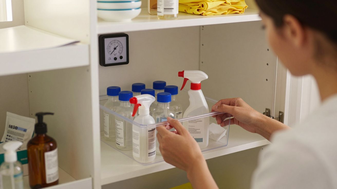 Pessoa organiza garrafas de limpeza num armário, com frascos de spray e recipientes azuis e brancos no interior.