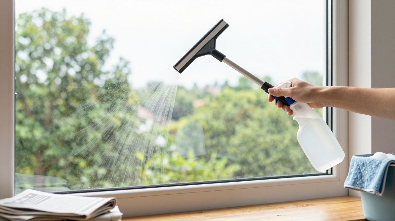 Pessoa a limpar uma janela com um rodo e um borrifador, vista exterior para árvores ao fundo.
