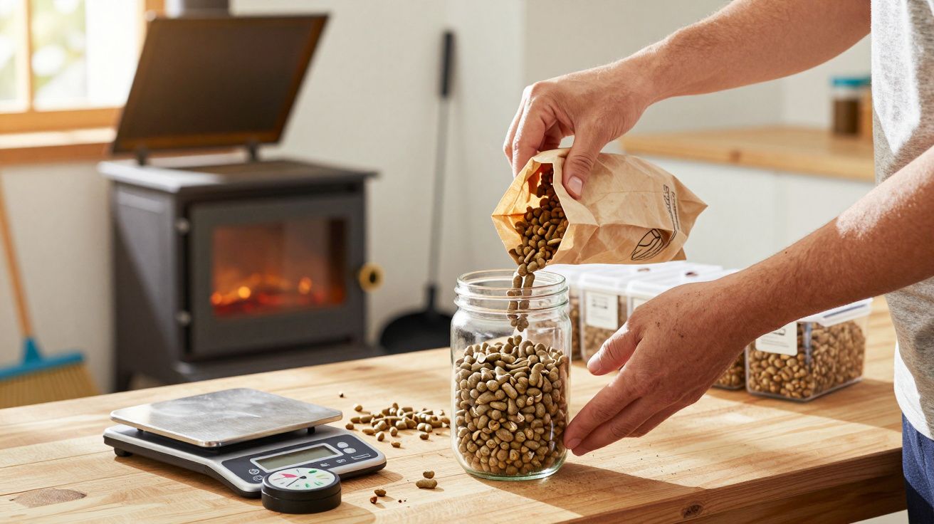 Pessoa a despejar grãos de café verdes num frasco de vidro, com balança digital e lareira ao fundo.