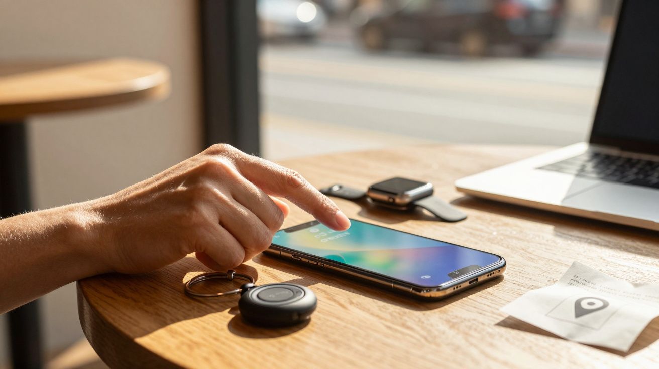 Mão toca num smartphone numa mesa com um relógio inteligente, portátil e chaveiro sobre superfície de madeira.