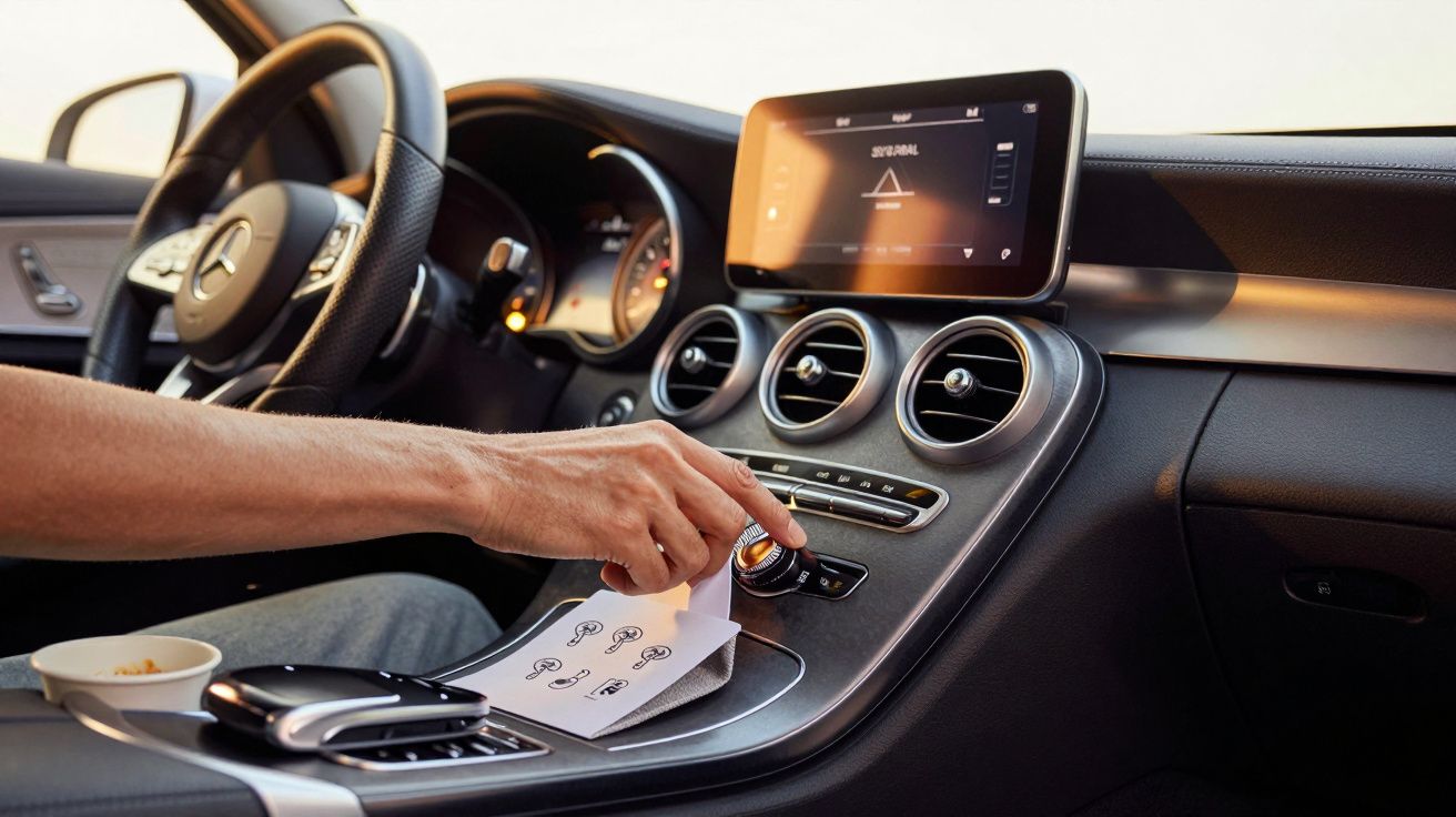 Painel de controlo de um carro moderno com ar-condicionado e ecrã digital; mão ajusta o sistema de som.