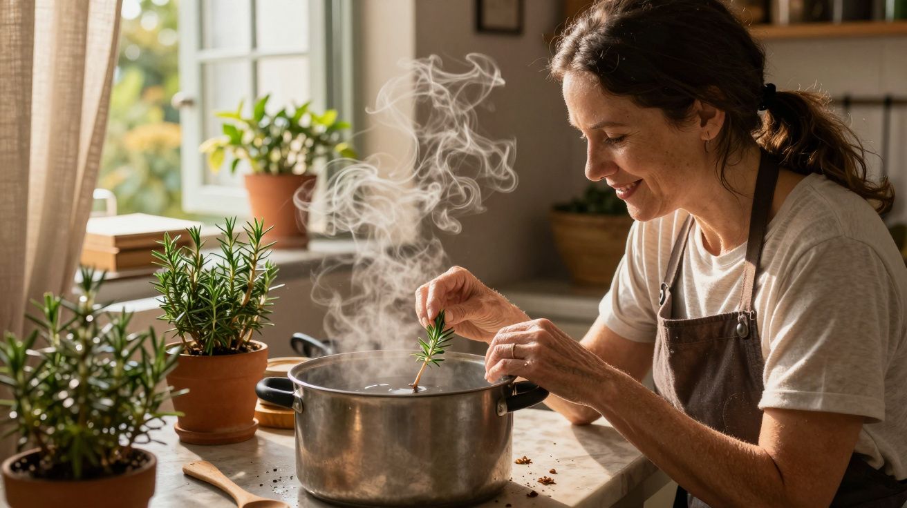 Mulher a cozinhar, adicionando alecrim a uma panela fumegante na cozinha, rodeada por plantas em vasos.