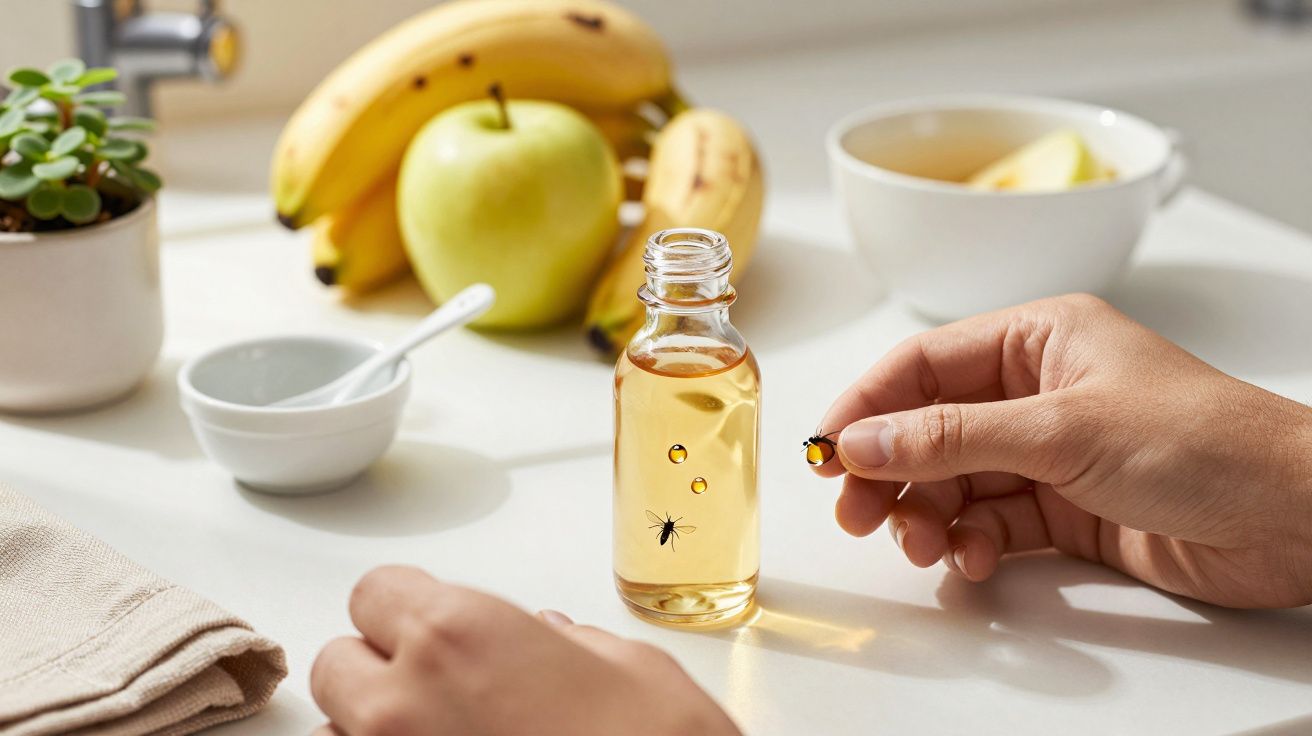 Mãos segurando cápsula perto de frasco de óleo com insetos, maçã e bananas ao fundo, numa bancada de cozinha.