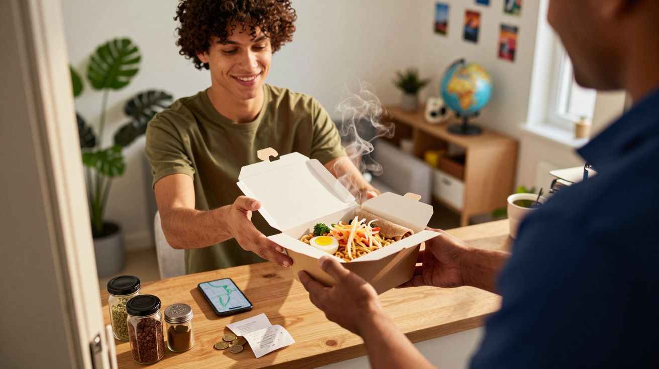Jovem a receber refeição de take-away de outro homem num balcão de cozinha, com smartphone e dinheiro ao lado.