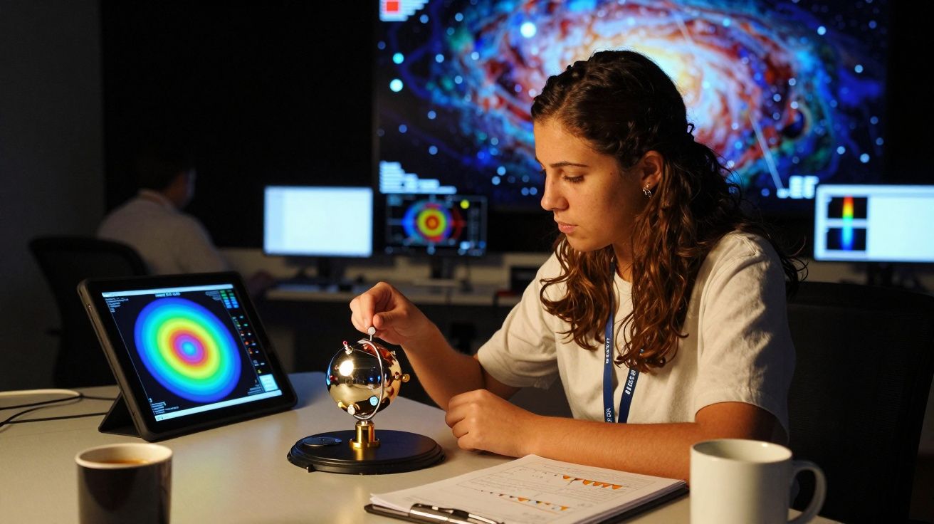 Mulher analisando gráfico no tablet, com planetário e galáxia ao fundo, em escritório escuro com caneca e caderno na mesa.