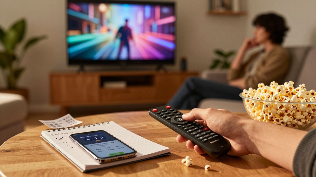 Pessoa com comando TV na sala, telemóvel sobre mesa com bloco de notas e tigela de pipocas, TV ligada ao fundo.