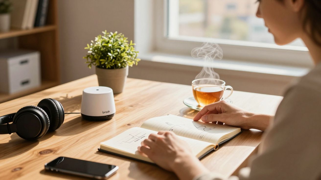 Pessoa lê livro numa secretária com chá, auscultadores, smartphone e planta ao lado. Luz natural entra pela janela.