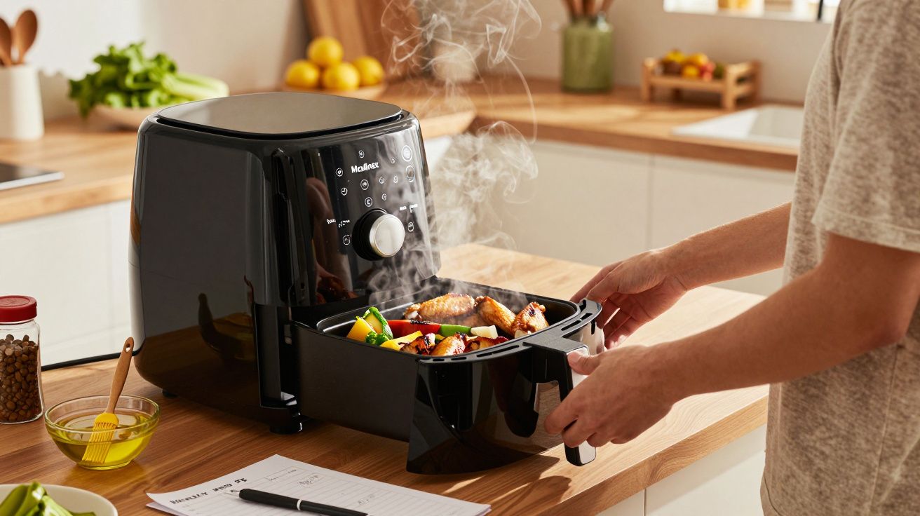 Pessoa usando uma fritadeira de ar quente preta para cozinhar legumes e frango numa cozinha moderna.