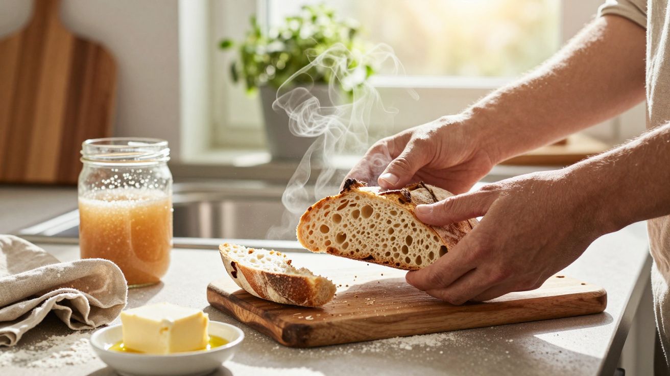Mãos seguram pão fresco e fumegante numa tábua, com manteiga e mel ao lado, em cozinha iluminada pelo sol.