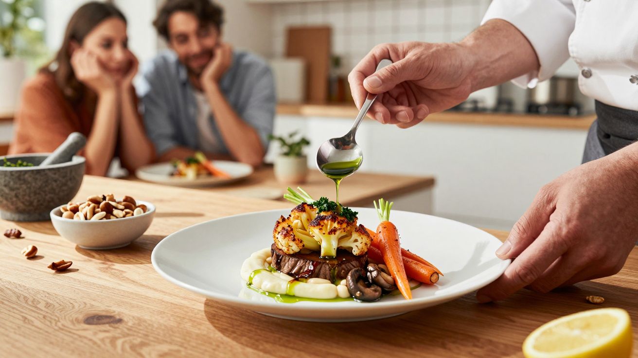 Chef a decorar prato sofisticado com legumes e carne enquanto casal observa na mesa em fundo de cozinha moderna.