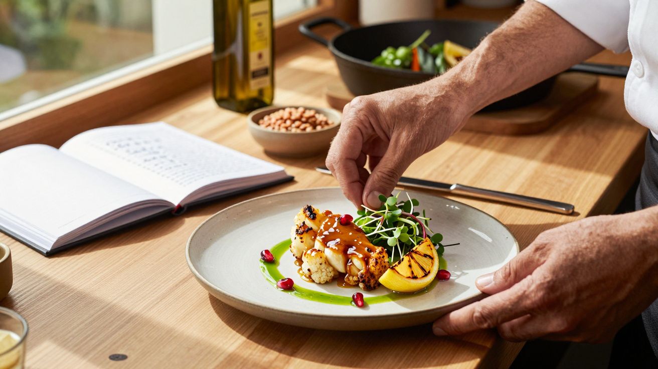 Chef a decorar prato de couve-flor grelhada com microverduras e limão numa cozinha ensolarada.