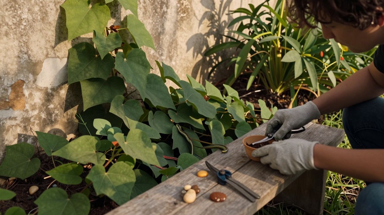 Pessoa ajoelhada no jardim, mexendo em sementes numa tigela, rodeada de plantas trepadeiras e ferramentas sobre um banco.