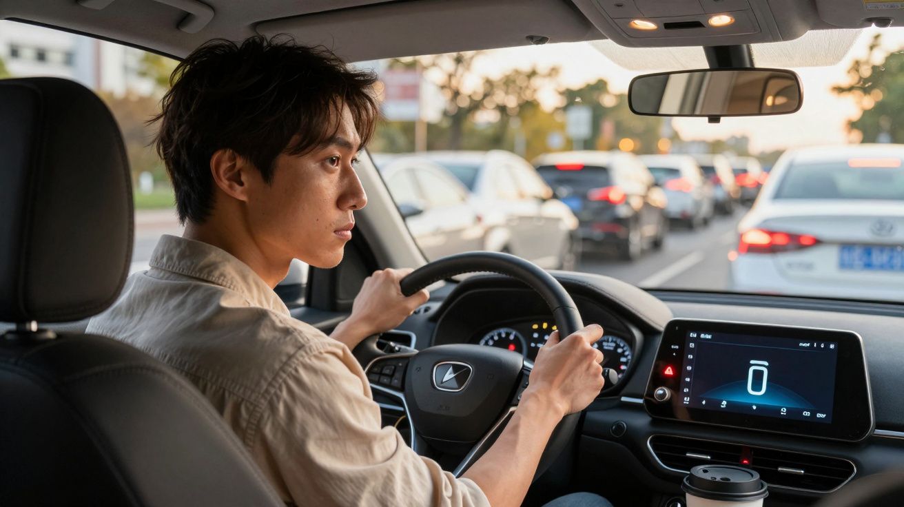 Homem conduz carro em estrada com trânsito ao entardecer, focado na estrada à frente. Interior do carro moderno.