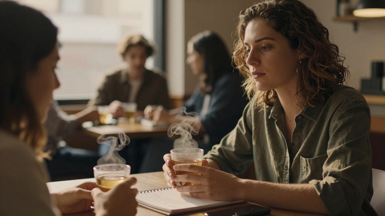 Duas pessoas conversam numa cafetaria, segurando chá quente, com um caderno aberto sobre a mesa. Pessoas ao fundo.