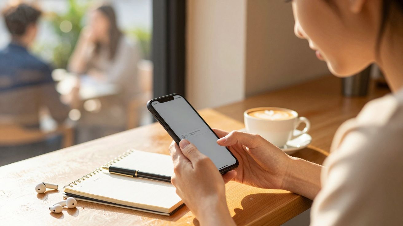 Mulher a usar smartphone numa mesa de café, ao lado de bloco de notas, caneta e auriculares.