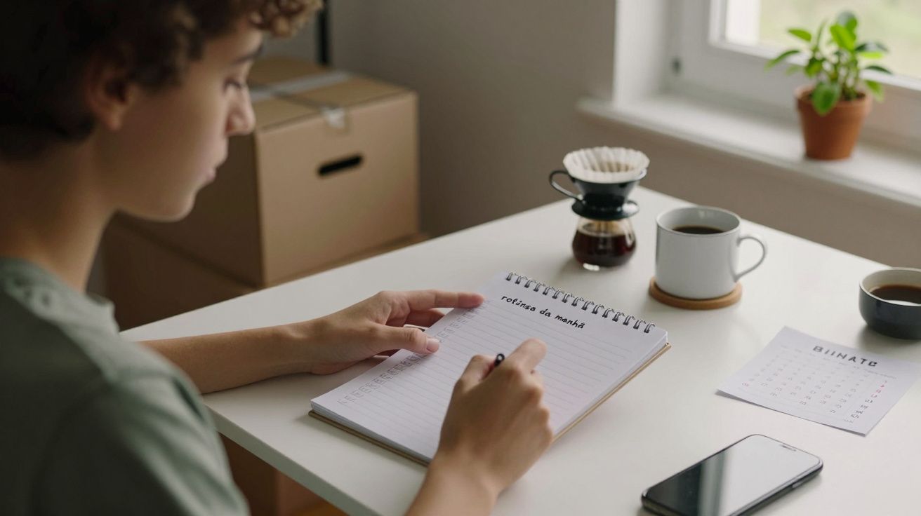 Pessoa anotando num bloco de notas sobre uma mesa com café, calendário, smartphone e planta ao lado de uma janela.