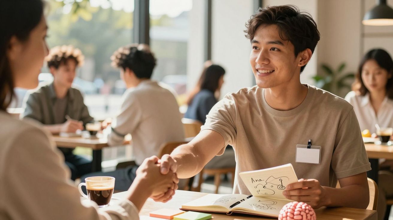 Homem e mulher a apertar as mãos numa mesa de café, enquanto seguram um caderno aberto. Há pessoas ao fundo.