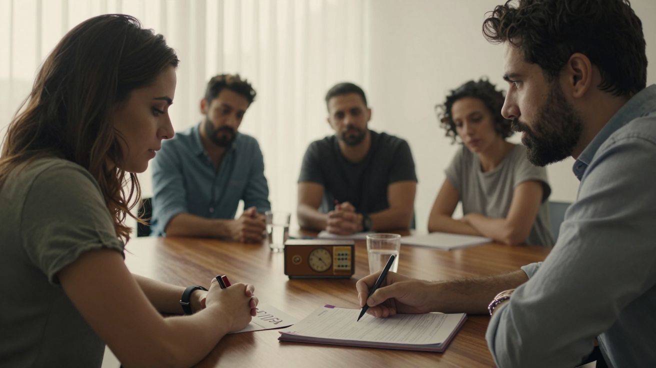 Cinco pessoas sentadas à mesa em reunião, duas escrevendo e três observando, em sala com luz natural.